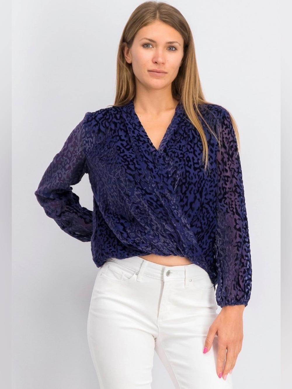 Alfani NWT Elegant Purple Printed Burnout Surplice Women's Top Size S
